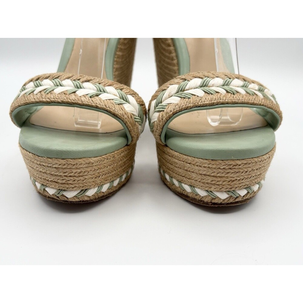Gucci Light Green Leather & Rattan Wedge Espadrille Sandals Sz EU 38 - Picture 6 of 12